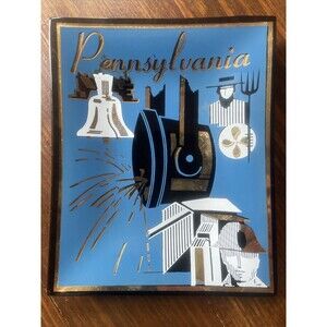 Pennsylvania Souvenir Coin Dish Ashtray Trinket Amish Blue Gold Gilt Glass Vtg